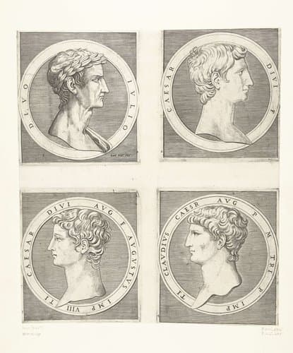 Portretten van keizers Julius Caesar en Augustus en Tiberius en Claudius by Marcantonio Raimondi