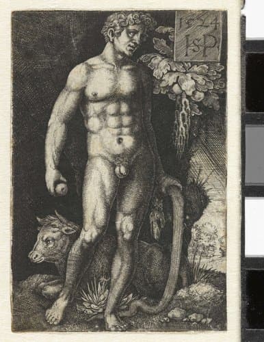 Adam met slang en appel en liggende stier by Hans Sebald Beham