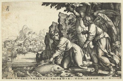 Tobias vangt op aanraden van de engel een grote vis by Georg Pencz