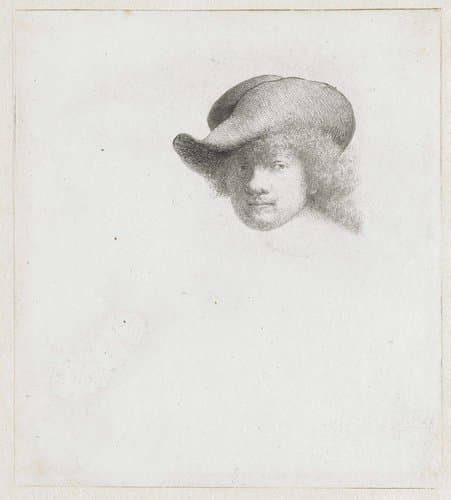Zelfportret met slappe hoed en bewerkte mantel by Rembrandt van Rijn