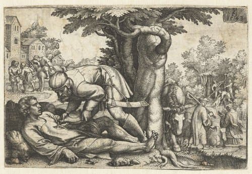 Barmhartige Samaritaan verzorgt gewonde reiziger by Georg Pencz