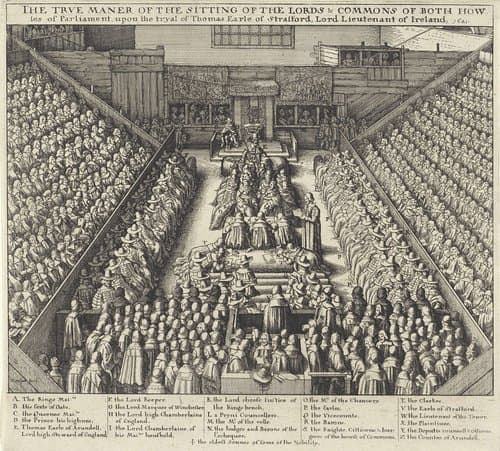 Zitting van het Britse parlement tijdens de berechting van Thomas Wentworth, 1e graaf van Strafford, 1641 by Wenceslaus Hollar