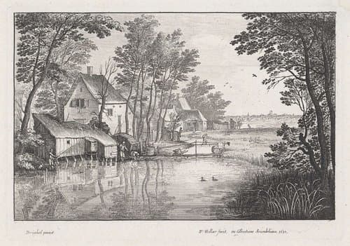 Landschap met huizen aan een sloot by Wenceslaus Hollar