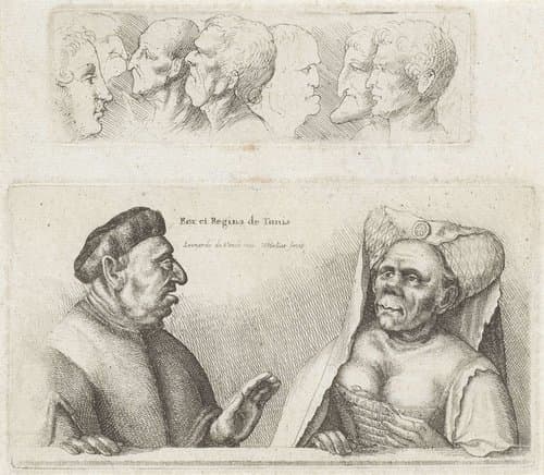 Fries met studiekoppen / Karikaturen van de koning en koningin van Tunesië by Wenceslaus Hollar