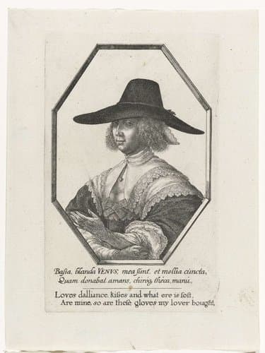 Portret van vrouw met grote donkere hoed en lange handschoenen by Wenceslaus Hollar