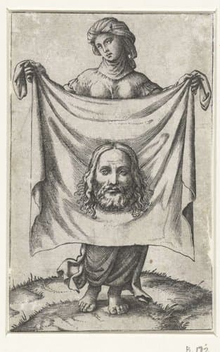 Heilige Veronica met zweetdoek (sudarium) met gelaat van Christus by Marcantonio Raimondi