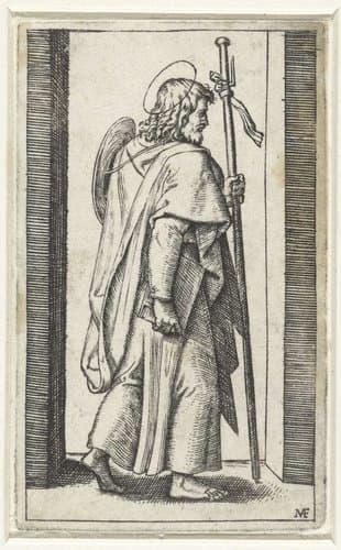 Apostel Jakobus de Meerdere (Major) met pelgrimshoed en pelgrimsstaf by Marcantonio Raimondi