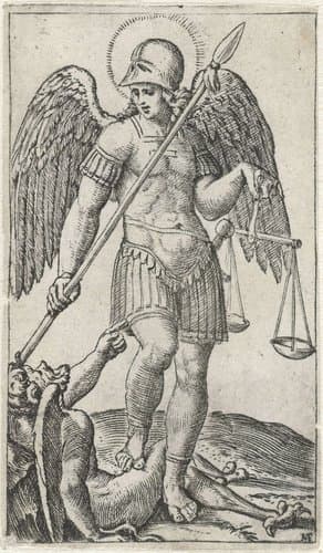 Aartsengel Michaël staand op duivel met speer en weegschaal by Marcantonio Raimondi