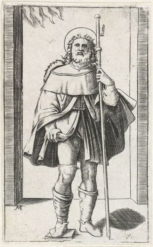 Heilige Rochus als pelgrim met pelgrimsstaf toont pestbult op been by anonymous