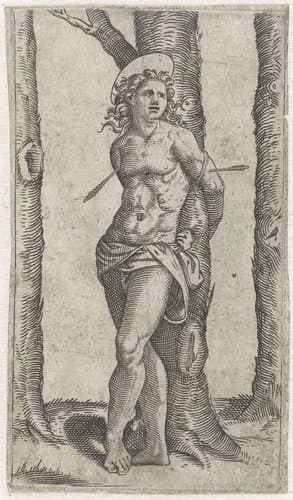 Heilige Sebastiaan vastgebonden aan boom met pijlen in lichaam by anonymous