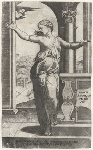 Lucretia staat op punt zichzelf te doden met dolk by anonymous