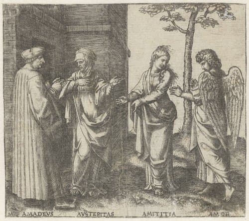 Amadeus Berutti met Strengheid (Austeritas) en Vriendschap (Amicitia) en Liefde (Amor) by Marcantonio Raimondi