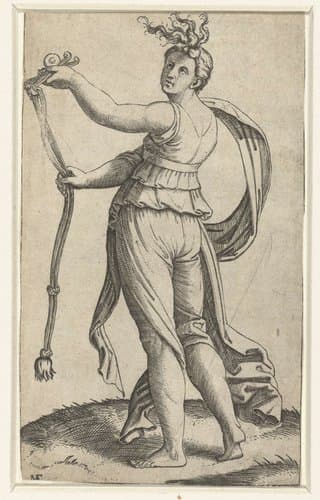Vrouw met paardentoom als personificatie van Matigheid (Temperantia) by Marcantonio Raimondi