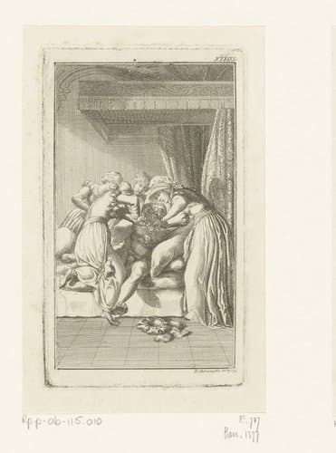 Hertog Adalbert wordt door zijn hofdames het bed in gedwongen