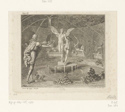 Idris reikt zijn armen uit naar een naakte vrouw naast de fontein van amor by Daniel Nikolaus Chodowiecki