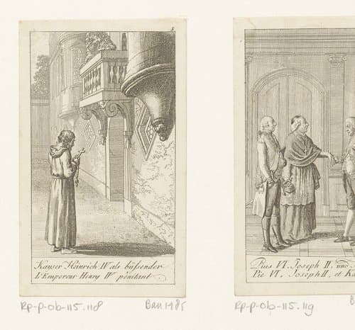 Hendrik IV in boetekleed onder het balkon van paus Gregorius VII by Daniel Nikolaus Chodowiecki