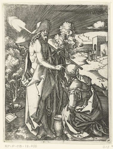 Christus verschijnt als tuinman met schop voor Maria Magdalena by Marcantonio Raimondi