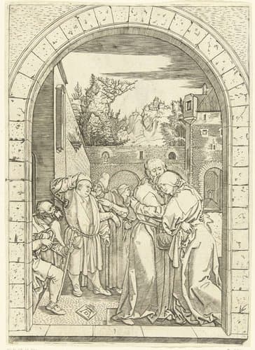 Ontmoeting van Joachim en Anna bij de gouden poort by Marcantonio Raimondi