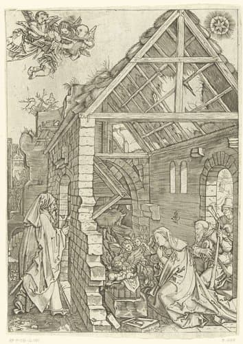 Aanbidding van Christus door herders en Maria en Jozef en engelen by Marcantonio Raimondi