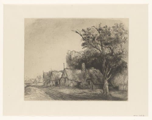 Landscape with three gabled cottages beside a road by anonymous
