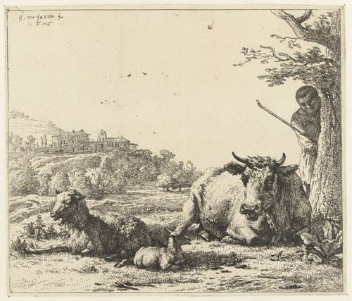 Landschap met herder achter een boom en liggende koe met schaap en lam by Karel du Jardin