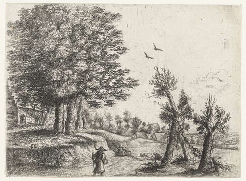 Landschap met een vrouw en een fluitspelende herder by Philips Augustijn Immenraet