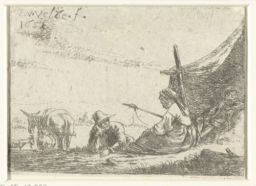 Spinnende vrouw met twee mannen bij een tent by Adriaen van de Velde