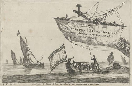 Statensloep en zeilschepen op kalm water by Reinier Nooms