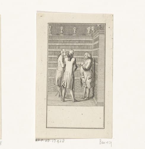 Drie mannen in een bibliotheek by Daniel Nikolaus Chodowiecki
