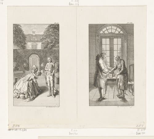 Frau von Weesen met Alexander en Lorchen in de tuin en Herr von Geldern en de oude man by Daniel Nikolaus Chodowiecki