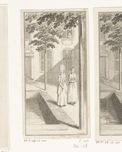 Twee vrouwen naast een vijver op een binnenplaats by Daniel Nikolaus Chodowiecki