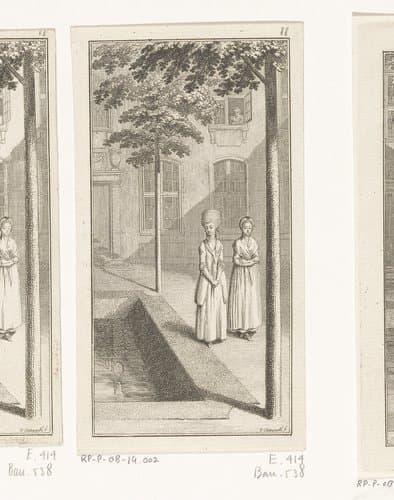 Twee vrouwen naast een vijver op een binnenplaats by Daniel Nikolaus Chodowiecki