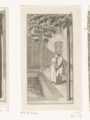 Alexander en Tinchen naast een vijver op een binnenplaats by Daniel Nikolaus Chodowiecki