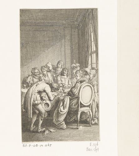 Pedro de Moya biedt Arsenie zijn manuscript aan by Daniel Nikolaus Chodowiecki