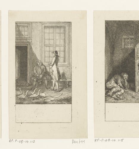 Twee mannen en een groep met ganzen voor een huis by Daniel Nikolaus Chodowiecki