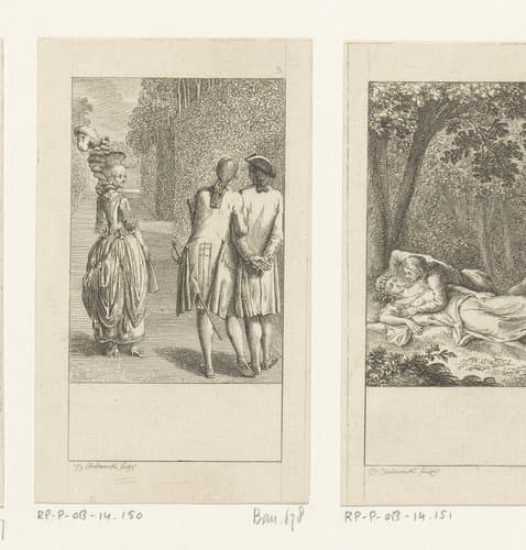 Twee mannen bekijken een vrouw by Daniel Nikolaus Chodowiecki