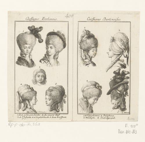 Twee voorstellingen met kapsels en hoofddeksels voor dames by Daniel Nikolaus Chodowiecki