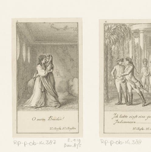 Lanassa herkent in de jonge brahmaan haar broer en omhelst hem by Daniel Nikolaus Chodowiecki