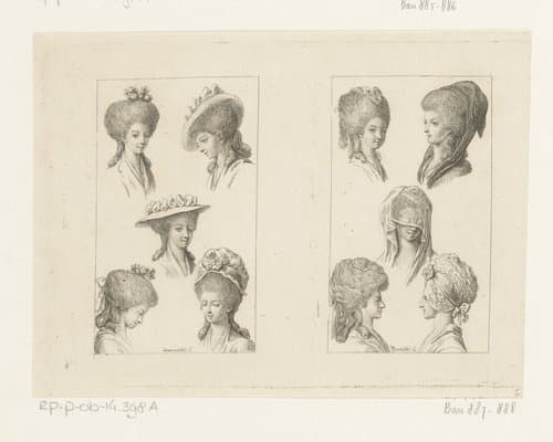 Twee voorstellingen met kapsels en hoofddeksels voor dames by Daniel Nikolaus Chodowiecki