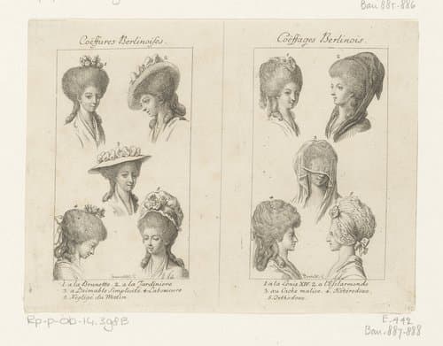 Twee voorstellingen met kapsels en hoofddeksels voor dames by Daniel Nikolaus Chodowiecki
