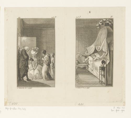 Twee voorstellingen uit Der kleiner Cäsar by Daniel Nikolaus Chodowiecki