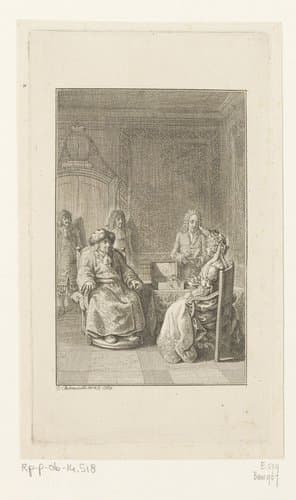 Friedrich Wilhelm in zijn rolstoel naast de kroonjuwelen by Daniel Nikolaus Chodowiecki