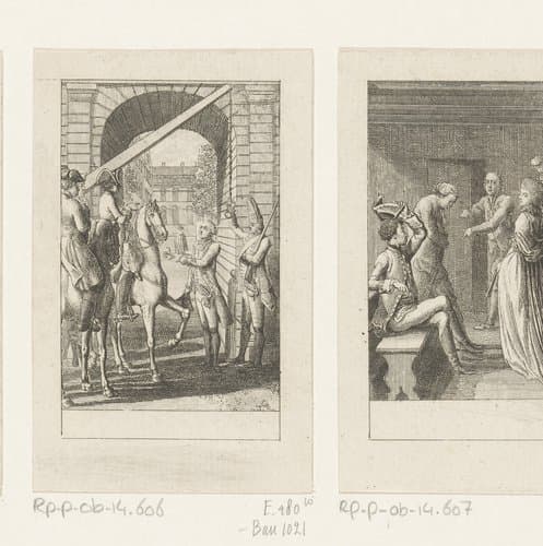 Jonkheer Siegfried weigert aan de poort zijn ware identiteit te onthullen by Daniel Nikolaus Chodowiecki