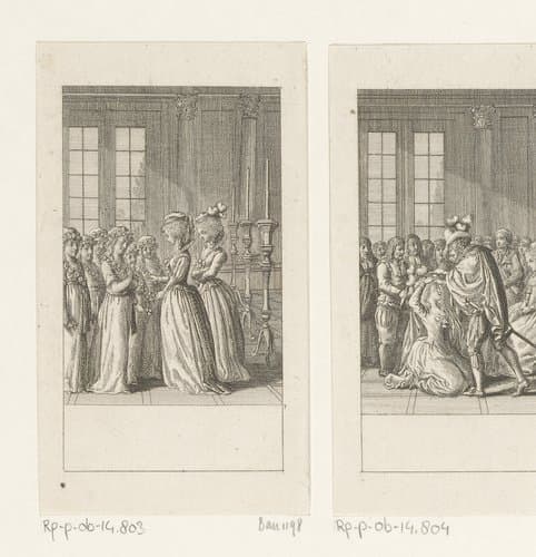 Chérubim staat verkleed als meisje voor Suzanne en de gravin by Daniel Nikolaus Chodowiecki