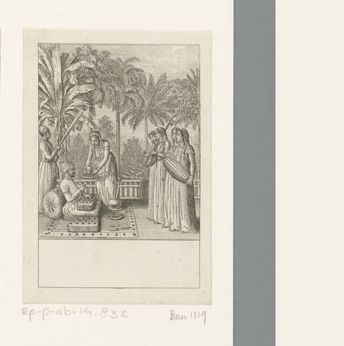 Vrouwen in een tuin maken muziek voor de Nawab by Daniel Nikolaus Chodowiecki