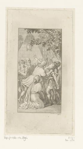 Orest valt in de handen van een soldaat als Pylades hem arresteert. Elektra zit smekend naast hen by Daniel Nikolaus Chodowiecki