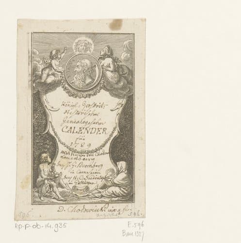 Cartouche met daaromheen vier personificaties van de seizoenen, bovenaan een portret van Saturnus in een medaillon by Daniel Nikolaus Chodowiecki