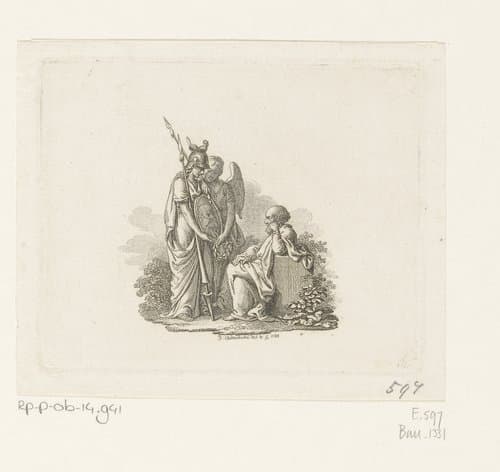 Minerva en Victoria houden Socrates een spiegel voor by Daniel Nikolaus Chodowiecki