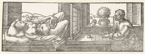 Een tekenaar tekent een vrouw by Albrecht Dürer