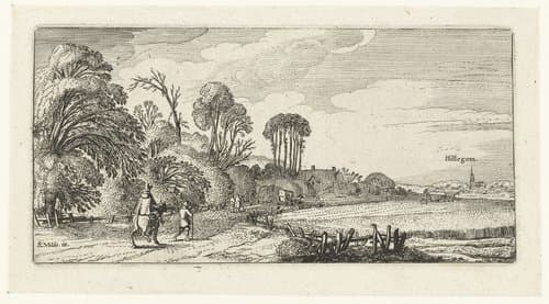 Landschap met ruiter en wandelaar op een weg bij Hillegom by anonymous